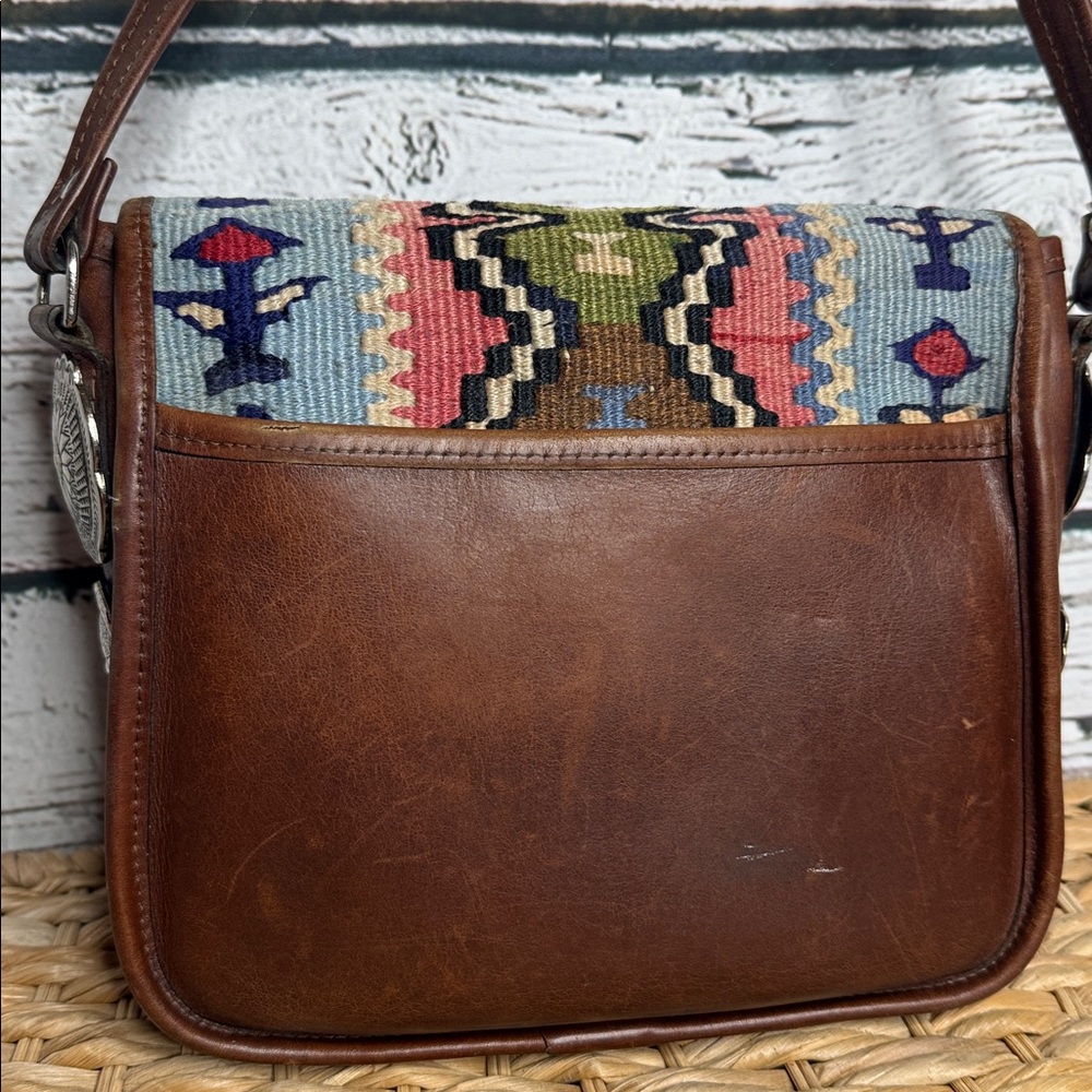 Handmade vintage western Aztec pattern Brown Leather Crossbody Bag with tapestry - Picture 6 of 14